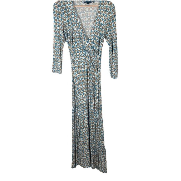 Boden Fixed Wrap Jersey Printed 3/4 Sleeves Midi Dress Size 10 R Blue Yellow Dot - Picture 3 of 14